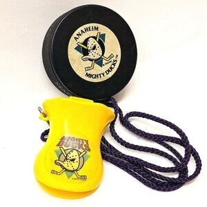 Vintage 90s Anaheim Mighty Ducks Hockey Puck & Duck Bill Whistle NHL Disney Rare
